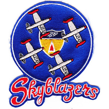 Patch with Skyblazers emblem featuring aerial demonstration insignia and elite pilot designation, colors reflecting precision flight team.