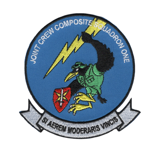 Joint Crew Composite Squadron One circular sky blue patch with green raven mascot holding lightning bolt and SF shield Si Aerem Moderaris Vincis