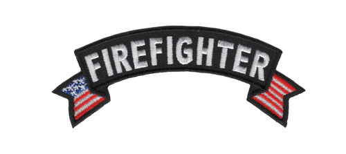 Arc-shaped embroidered rocker patch reading "FIREFIGHTER" in white block letters on a black background, with a blue canton and white stars on the left tail and red and white stripes on the right tail, black merrow border.