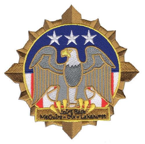 Joint Base McGuire-Dix-Lakehurst patch with multi-pointed gold sunburst border eagle blue semicircle three stars red white stripes