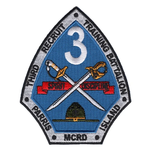 Arch-shaped Third Battalion Parris Island patch: white 3, crossed swords, Spirit Discipline scroll and campaign cover.