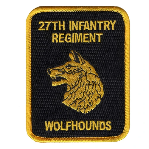 27th Infantry Regiment Wolfhounds patch, a black rectangle with a gold merrowed border, a gold wolfhound head in profile, 27TH INFANTRY REGIMENT above and WOLFHOUNDS below.
