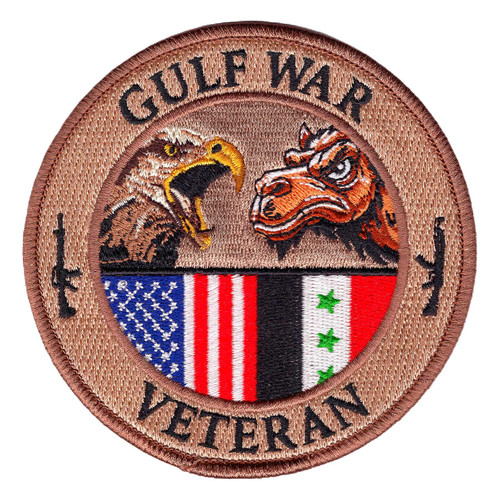 Round tan Gulf War Veteran patch with an eagle and a camel facing off above the U.S. and Iraqi flags, flanked by two black rifle silhouettes.