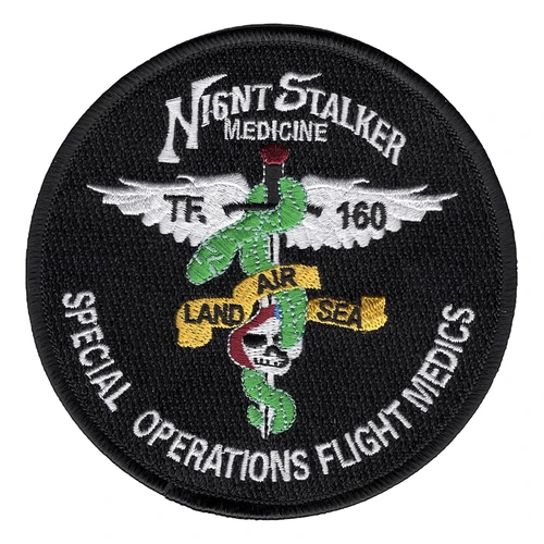 Round black Night Stalker Medicine patch with white TF. 160 wings, a green serpent on a sword, a gold LAND AIR SEA scroll, a white skull and SPECIAL OPERATIONS FLIGHT MEDICS lettering.