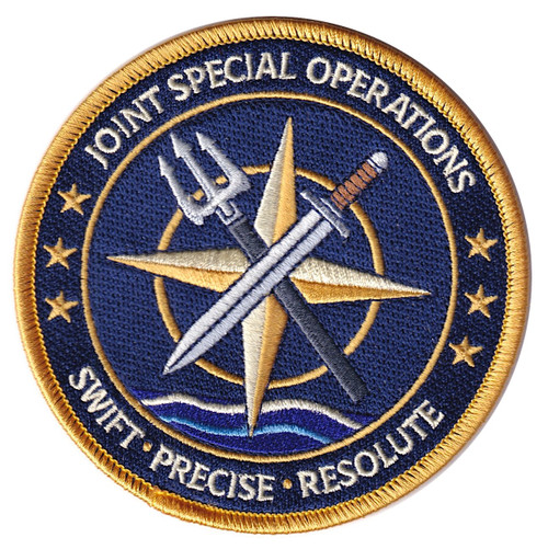Joint Special Operations Swift Precise Resolute circular patch with compass rose silver trident gray dagger ocean waves navy gold