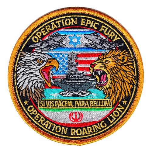 Round Operation Epic Fury and Operation Roaring Lion patch with a bald eagle and lion flanking an aircraft carrier, fighter jets, flags, and Si Vis Pacem, Para Bellum.