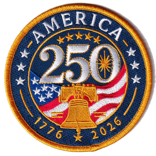 Round 4-inch embroidered patch with gold merrowed border, deep navy background, Liberty Bell in gold thread at center, Stars and Stripes fan behind the bell, bold silver '250' dominating the center field, gold star ring, and 'AMERICA 1776 2026' inscribed in white and gold thread.