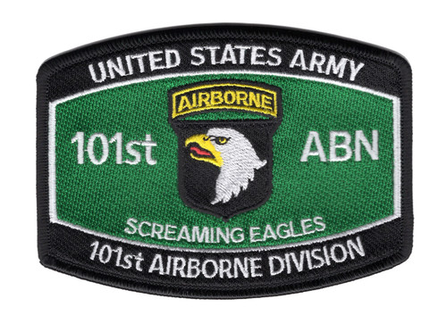 Oval embroidered patch with black border featuring 101st Airborne Division Screaming Eagles insignia: white-headed eagle on black shield beneath gold Airborne tab, set on green field with white text reading "UNITED STATES ARMY," "101st ABN," "SCREAMING EAGLES," and "101st AIRBORNE DIVISION."