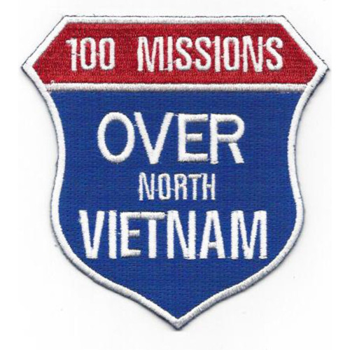 Patch with "100 Missions" and North Vietnam campaign markings representing Rolling Thunder air operations and pilot achievements.