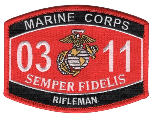 Red and black Marine Corps 0311 Rifleman MOS patch with white 03 and 11 flanking a gold and silver eagle, globe and anchor above SEMPER FIDELIS.