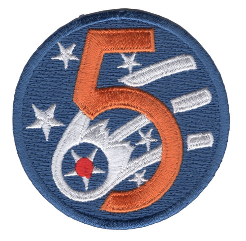 Blue shoulder patch with 5th Air Force emblem featuring the command's insignia and USAF heritage colors representing Pacific air operations.