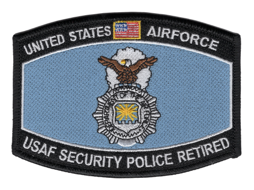 Subdued blue and gold patch with Security Police insignia and retirement designation, professional embroidery.