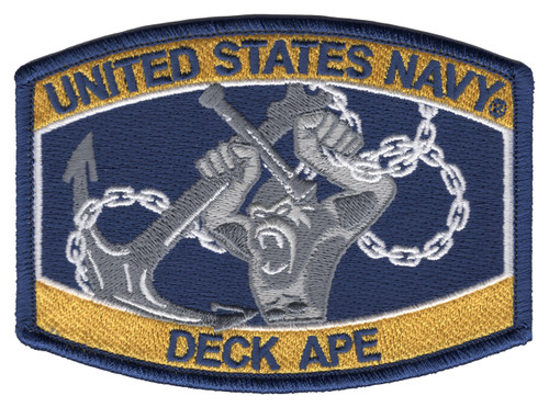 United States Navy Deck Ape patch with a snarling gray ape gripping a gray anchor inside a loop of white chain, gold top and bottom arcs and a navy blue merrowed border.