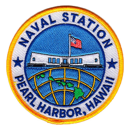 Round Naval Station Pearl Harbor Hawaii patch with a gold border, the white USS Arizona Memorial under an American flag, and green Hawaiian Islands on a gold grid globe.