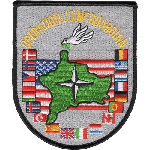 Operation Joint Guardian shield patch with Kosovo map NATO star dove of peace and member nation flags