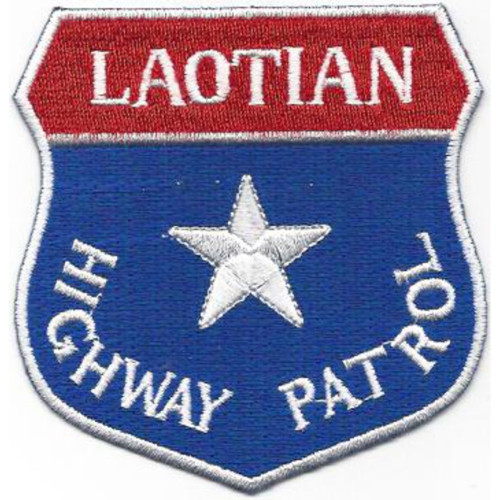 Patch with Laotian insignia and highway patrol designation, Southeast Asian colors, Version B specification.