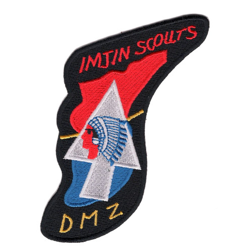 Embroidered Imjin Scouts DMZ patch in freeform arrowhead shape with black field, red and blue 2nd Infantry Division arrow insignia, silver Indian Head on triangle, crossed gold lances, red arc lettering reading IMJIN SCOUTS and gold DMZ at base.