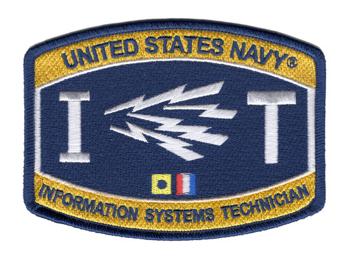 Navy blue embroidered patch with white lightning bolt insignia, gold rockers reading "United States Navy" and "Information Systems Technician," signal flags, and merrowed border