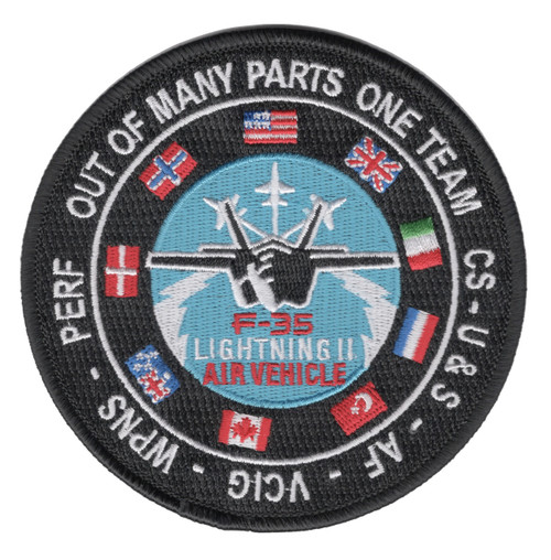 Patch showing F-35 Lightning II profile in stealth geometry, operational blues and grays, modern fighter.