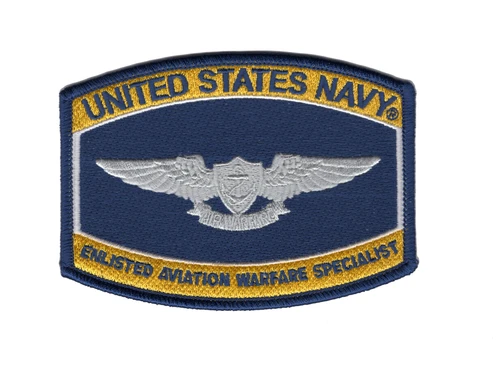 Navy blue ratings-style patch with gold bands reading United States Navy and Enlisted Aviation Warfare Specialist, silver wings with fouled anchor shield and Air Warfare scroll at center.