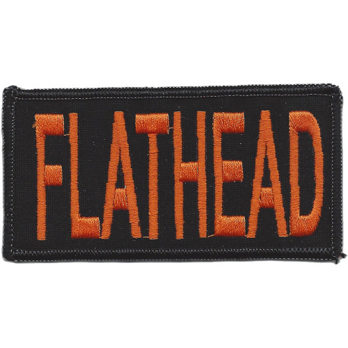 Rectangular embroidered patch with bold orange block lettering spelling FLATHEAD on a solid black field, finished with a merrowed overlock border. Measures 4 inches wide by 2 inches tall.