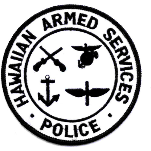 Hawaiian Armed Services Police circular patch with four quadrant military branch symbols crossed rifles globe anchor aircraft