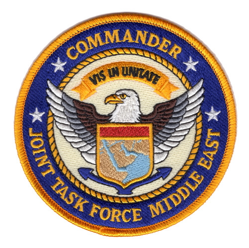 Circular 4-inch embroidered patch for Commander Joint Task Force Middle East, featuring a gold merrowed border, royal blue outer ring with gold lettering, a central bald eagle with spread wings over a shield depicting the Arabian Peninsula, and the Latin motto Vis In Unitate on a gold banner.