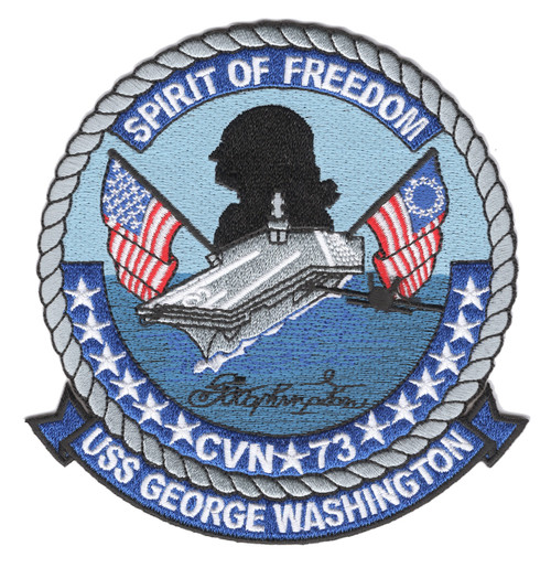Round USS George Washington CVN-73 patch with silver rope border, George Washington silhouette behind a bow-on aircraft carrier, crossed 13-star and 50-star flags, and Spirit of Freedom band.