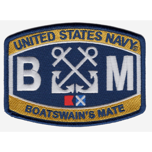 Keystone shaped embroidered Boatswain's Mate rating patch with gold bands reading United States Navy and Boatswain's Mate, white crossed anchors between large white B and M letters, and Bravo and Mike signal flags on a navy blue field.