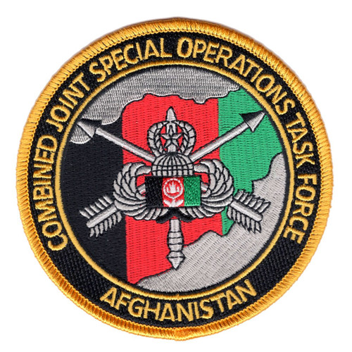 CJSOTF Afghanistan circular patch with Afghan flag map SF crossed arrows MFF wings black gold border