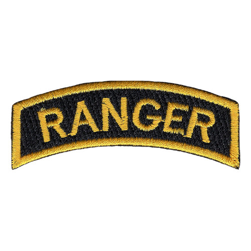 Arched Army Ranger tab patch with gold RANGER block letters on a black field inside a gold border, cut edge.