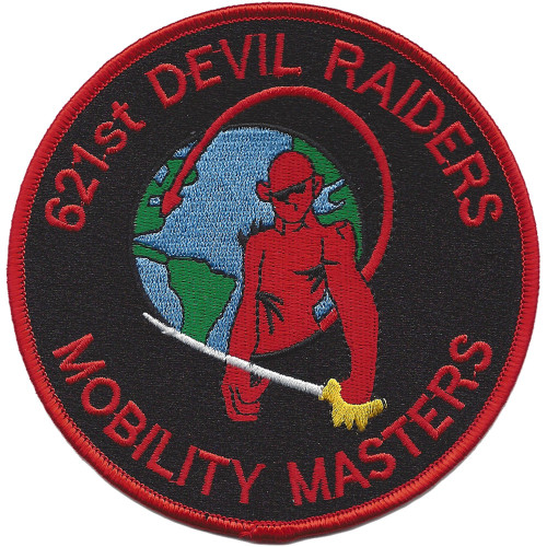 Patch with Devil Raiders emblem and Mobility Masters motto, featuring bold colors representing the 621st CRW's global rapid deployment capability and air mobility mission.