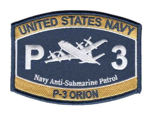 Navy blue and gold P-3 Orion patch with a white Orion between a large P and 3, UNITED STATES NAVY across the top and P-3 ORION on the bottom band.
