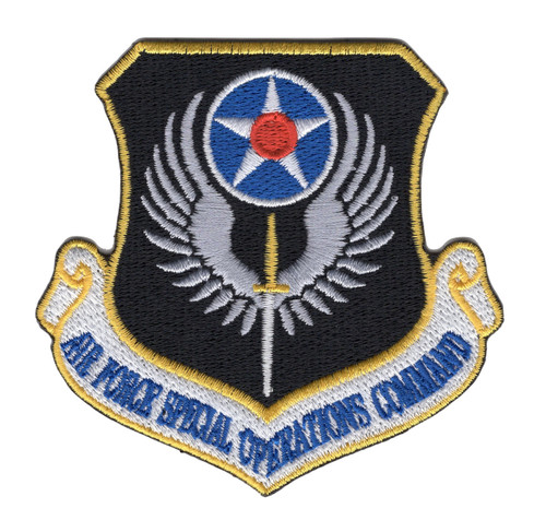 Command patch with AFSOC emblem featuring special operations insignia, embroidered in command colors with bold lettering and distinctive special operations imagery.