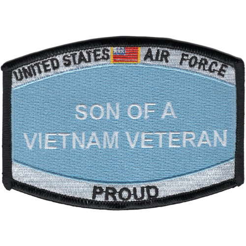 Rectangular family heritage patch with text identifying son of Vietnam veteran, featuring Air Force colors and embroidered military insignia.