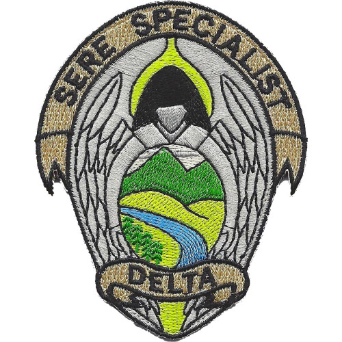 Tactical patch with Delta-level SERE instructor insignia, embroidered with hook-and-loop backing, featuring specialized instructor designation and military colors.