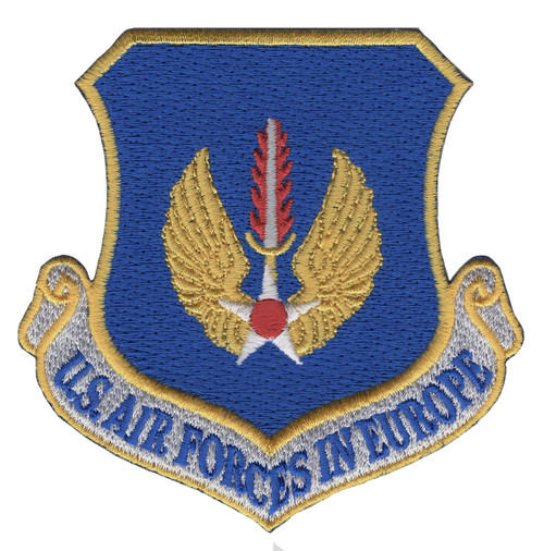 Command patch with USAFE insignia featuring European theater imagery, embroidered in command colors with professional military finish and clear lettering.