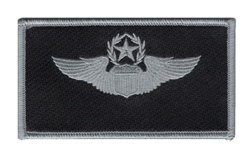 Black and silver command pilot wings patch with detailed embroidery showing advanced pilot insignia, featuring professional military embroidered finish.