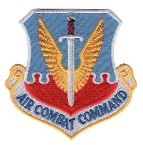 Air Combat Command shield patch with gold wings and a silver sword on a light blue and red field above a white scroll lettered in blue.