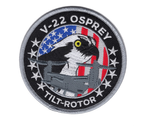 Aircraft patch featuring V-22 Osprey tilt-rotor design with distinctive rotating blades shown in transition, embroidered in operational squadron colors.