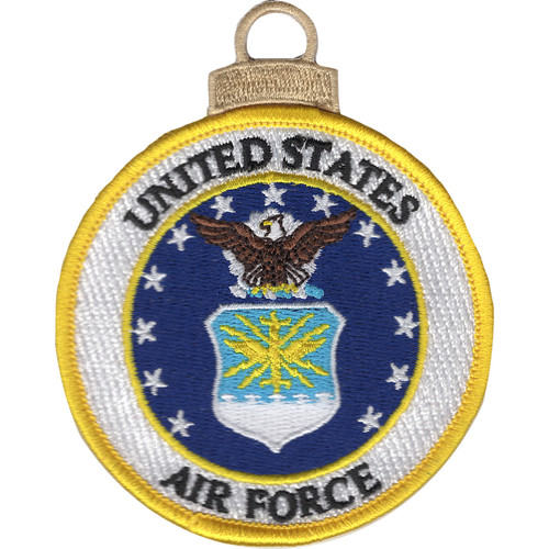 Three-dimensional Christmas tree ornament featuring Air Force star and emblem, rendered in Air Force colors with hanging loop and embossed military insignia.