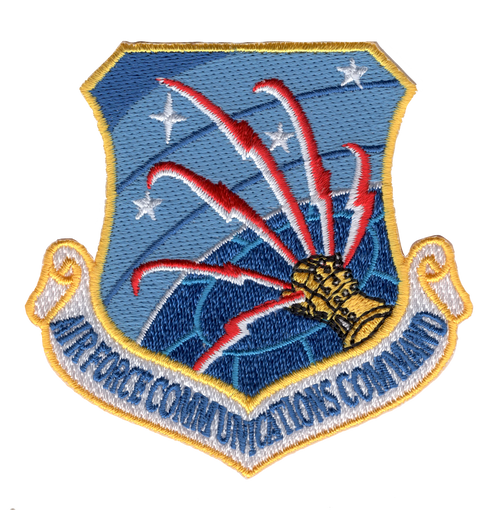 Command patch with Air Force Communications Command insignia featuring signal and communications imagery, embroidered in command colors with institutional design.