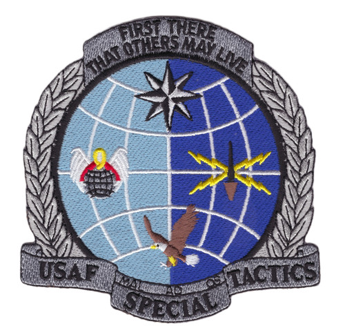Special Tactics patch featuring combat controller and tactical operations insignia, embroidered with specialized warfare imagery and USAF special operations designation.