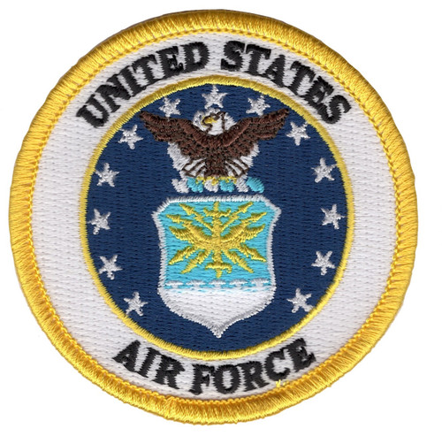 Official Air Force Crest in full color on patch background, featuring heraldic shield with eagle, star, and traditional USAF insignia.