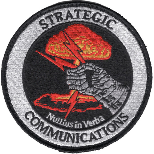 Hook and loop tactical patch with strategic communications insignia, featuring blue and white colors and technical operations emblem.