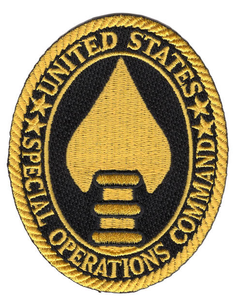 United States Special Operations Command oval black patch with gold rope border and SOCOM arrowhead insignia