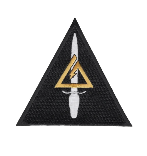Black triangle patch with a white dagger pointing up through an open gold triangle that holds a gold lightning bolt.