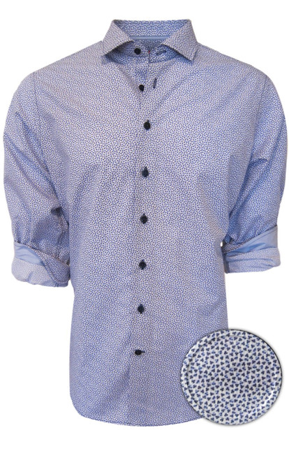 Simplicity at it's finest!  Very "in" and totally versatile !  This is a 100% super soft Pima cotton.  The mini motif leaf pattern is in Blue, Royal and a hint of Lilac.  A Powder Blue companion  pattern embellishes the cuffs when they are rolled.  Georg Roth selects colors and patters that are complimentary to most any pant or jean and this is no exception.  Perfect with Navy, Black, Blue, Brown... A shirt for any occasion...A shirt that you will feel your best in.  