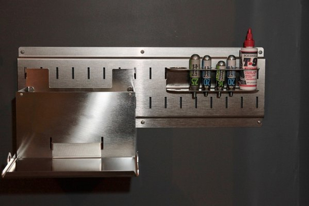 Parts and bits storage box with tray, and gas station for CO2 and small lube bottles.