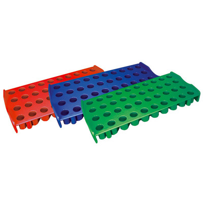 Red, blue, and green colored racks for CryoCLEAR vials.